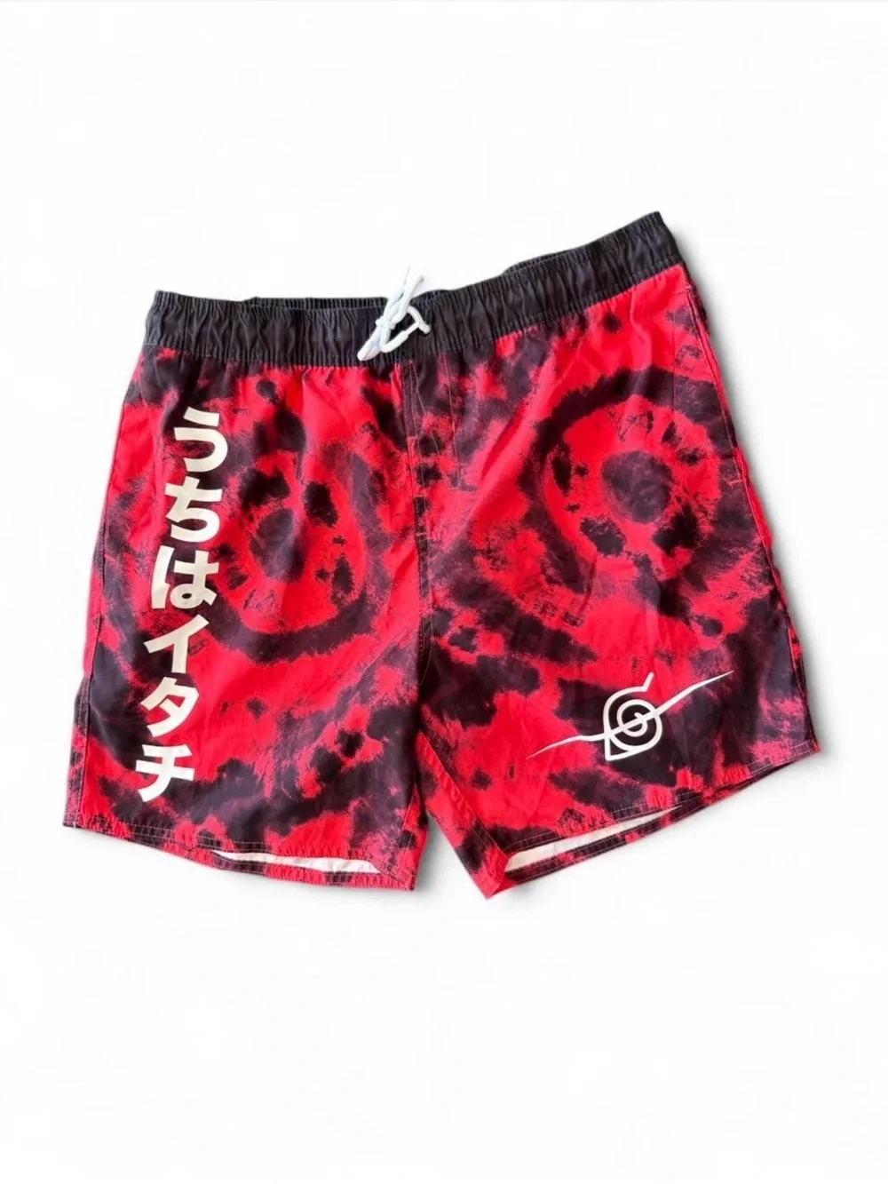 Hot Topic Naruto Red and Black Tie-Dye Swim Trunks with White Script
